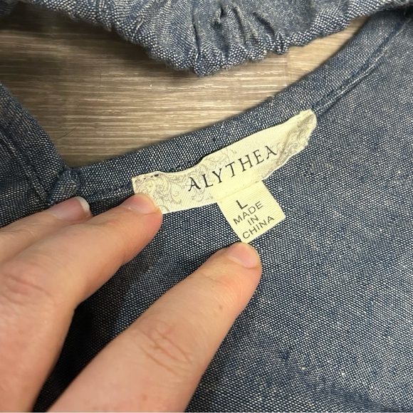 Alythea Chambray Ruffle Linen Sundress Blue Sleeveless Dress Women’s Large - Picture 2 of 11